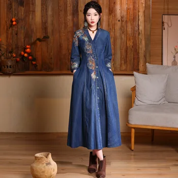 Chineză Stil Vintage Rochie Denim Plus Dimensiune Femei De Toamnă De Primăvară De Model De Broderie Jumătate Maneca Lunga Single-Breasted Rochie Boho