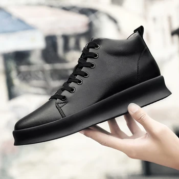Creșterea Simplu Negru Pur Adidași de Înaltă calitate Negru Barbati pantofi casual din piele de Moda Respirabil Adidași de moda apartamente