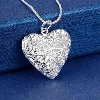 Culoare de argint Colier Pentru Femei en-Gros Rafinat Doamnelor forma de Inima Placat cu argint 925 timbru Rama Foto Inima pandantiv bijuterii
