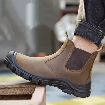 de mari dimensiuni de moda pentru bărbați din oțel tep acoperă cizme de lucru de vacă din piele pantofi de protecție negru maro lucrător chelsea botas proteja încălțăminte