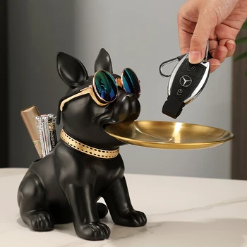 Fantezie Bulldog Statuie cu Tava și Bin Living Birou Decor Nordic Câine Sculptura Ornamente de Animale pentru elemente de Decor Acasă