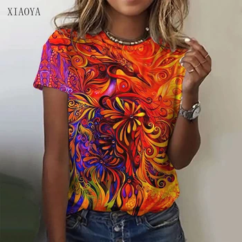 Femei T-shirt Stil Casual Flori Colorate de Imprimare Vrac O-Neck Short Sleeve Top Femei de Moda de Vara Street Frumos Pulover