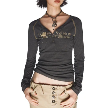 Femeilor Vintage Slim cu Maneca Lunga T-Shirt Retro Scrisoare Butonul Print V-Neck Grunge Toamna Topuri