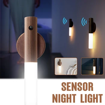 LED-uri de Lemn Lumina de Noapte Senzor de Mișcare PIR, Perete Magnetic Lampa USB Reîncărcabilă Lumini Acasă Scara Dormitor Lampa de Noptiera de Iluminat