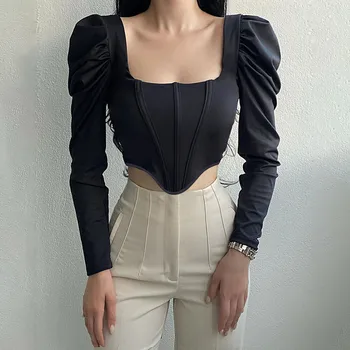 Lungă Maneca Negru De Epocă Nouă Scădere Corset Femei Topuri Elegante De Catifea Culori Solide Bluze Camasi Cu Guler Pătrat Puf Tricou