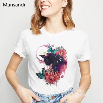 Negru pisica Sphynx fluturi flori cerb tricou femei top de vară de sex feminin animal print tee camasa femme camiseta mujer t-shirt