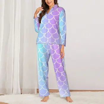 Ombre De Imprimare Pijamale Femei Sirena Cântare Kawaii Dormitor Îmbrăcăminte De Noapte De Toamna 2 Piese Casual Supradimensionate Grafic Seturi De Pijama