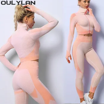 Oulylan Jambiere Costume 2/3PCS fără Sudură Femei Yoga Set de Antrenament de Sport Sală de sport Îmbrăcăminte de Fitness cu Maneci Lungi de Sus a Culturilor cu Talie Înaltă