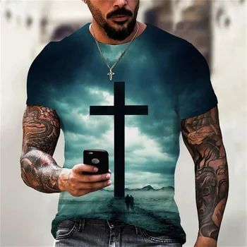 Vara Barbati Casual Moda 3D Imprimate T-shirt Crucea lui Isus Hristos O Guler Strada Suvenir Clasic Supradimensionat Top cu Maneci Scurte
